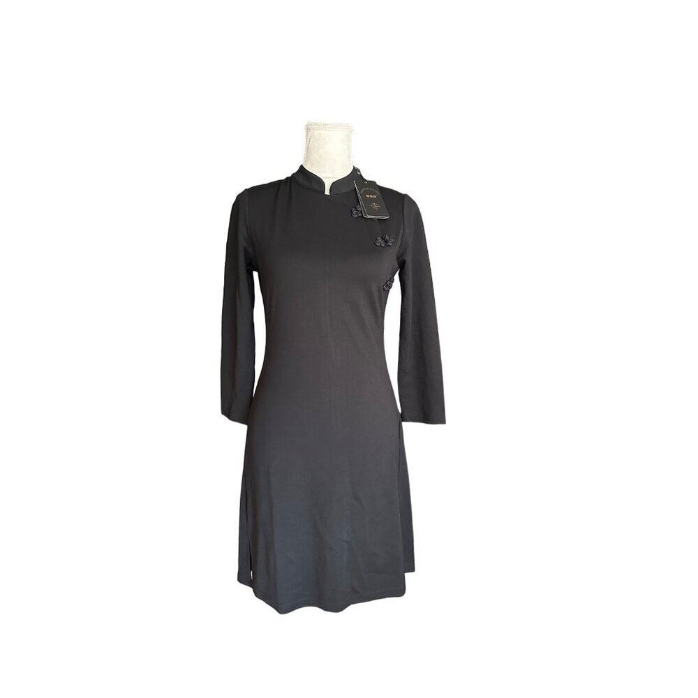 Elegant Black Long-Sleeve Cheongsam Dress With Floral Buttons Stretchy Career